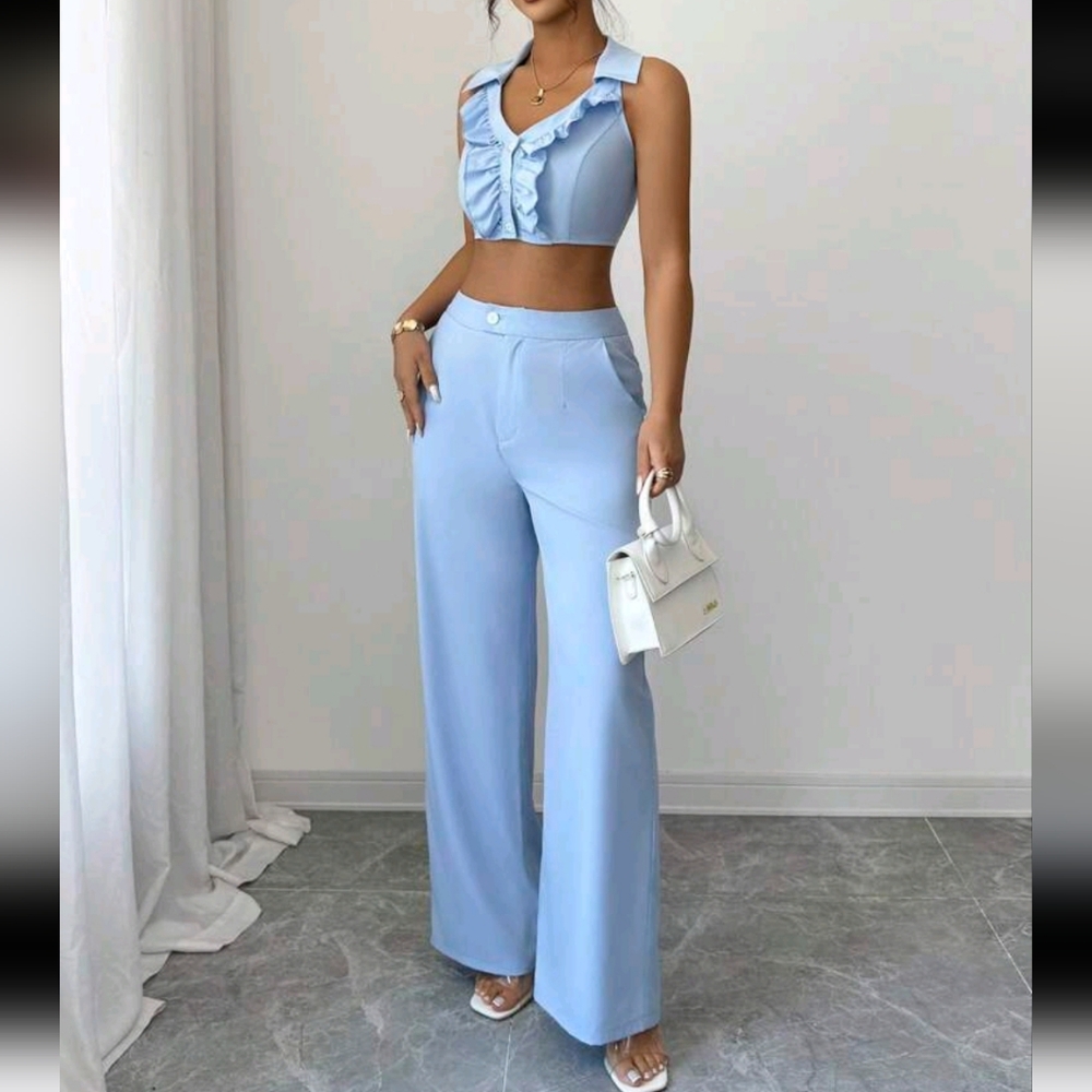 2pcs/Set Women Summer Solid Color Ruffle Hem Sleeveless Top And Pants